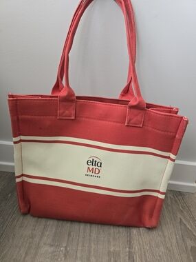 EltaMD Red and Cream Striped Canvas Tote